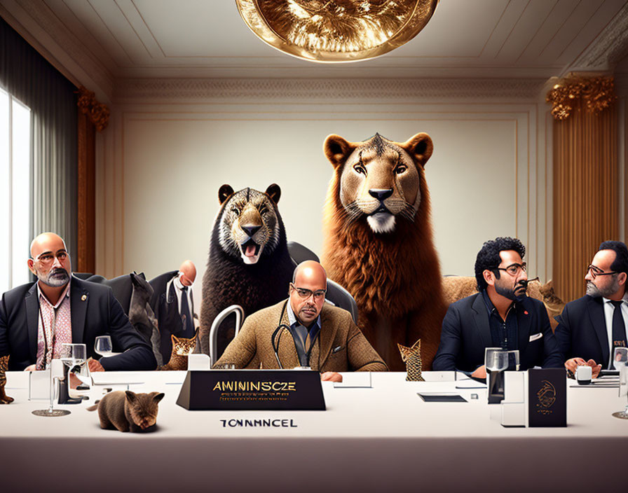 Businessmen with bear and lion at conference table in luxurious setting.