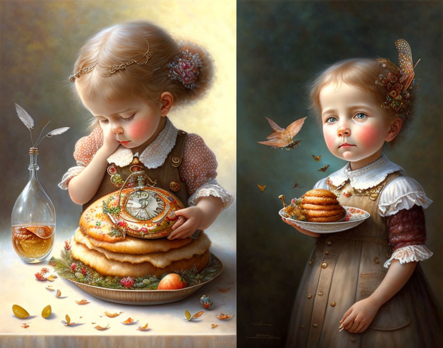 Young girl with vintage clock on pancakes, surrounded by butterflies and autumn leaves