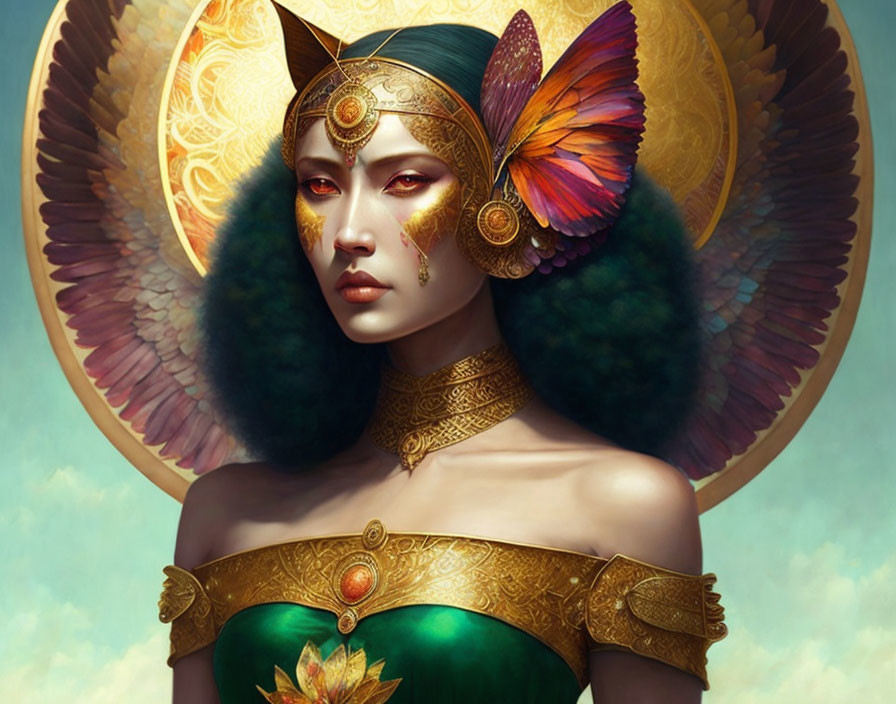 Fantasy art portrait of woman with butterfly wings, gold jewelry, green dress, and radiant halo.