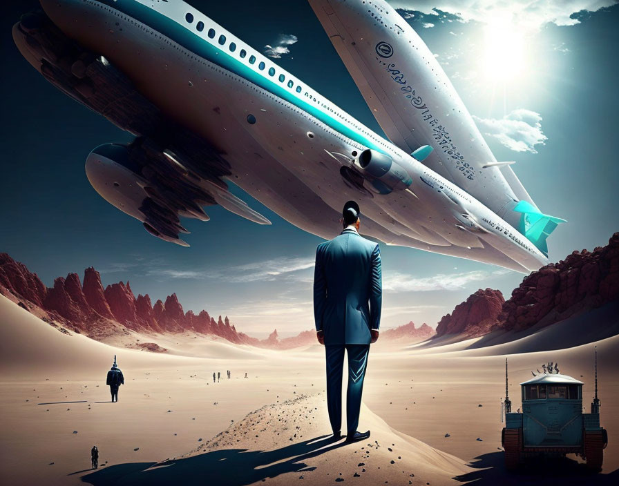 Businessman in suit gazes at airplane in desert with rock formations and bulldozer.