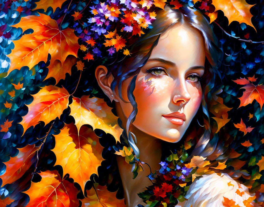 Colorful autumn leaves woman artwork with serene presence