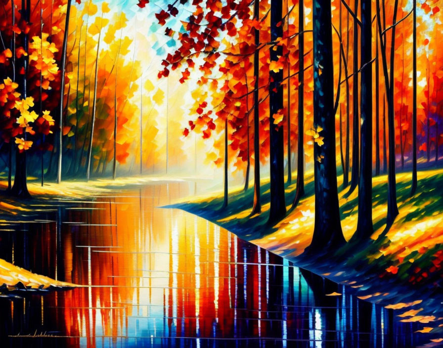 Autumn forest painting with reflective river and warm colors