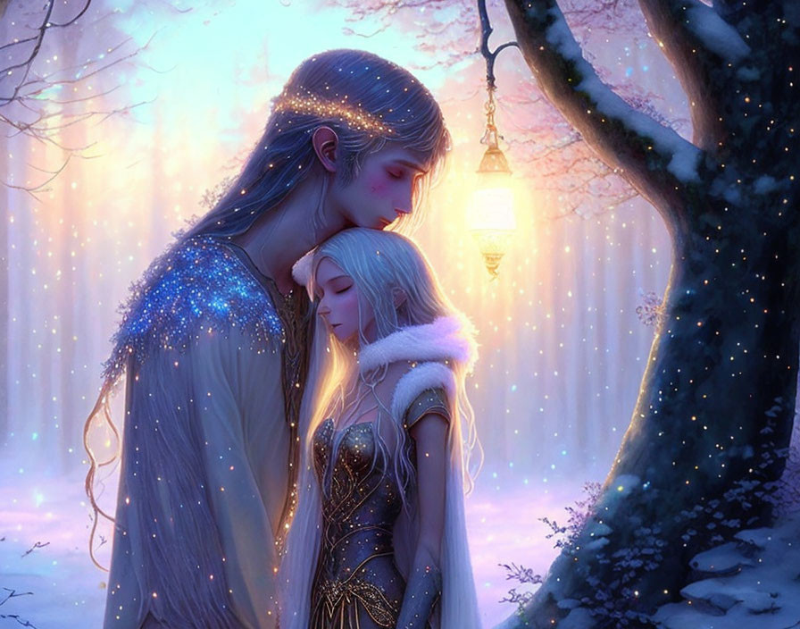 Ethereal elves in magical wintery forest share intimate moment