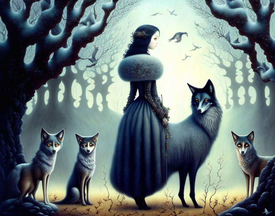 Historical woman in mystical forest with foxes and birds