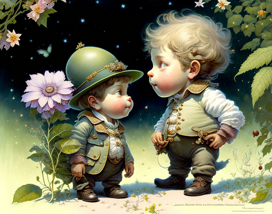 Whimsical children in vintage military uniforms under starry night sky