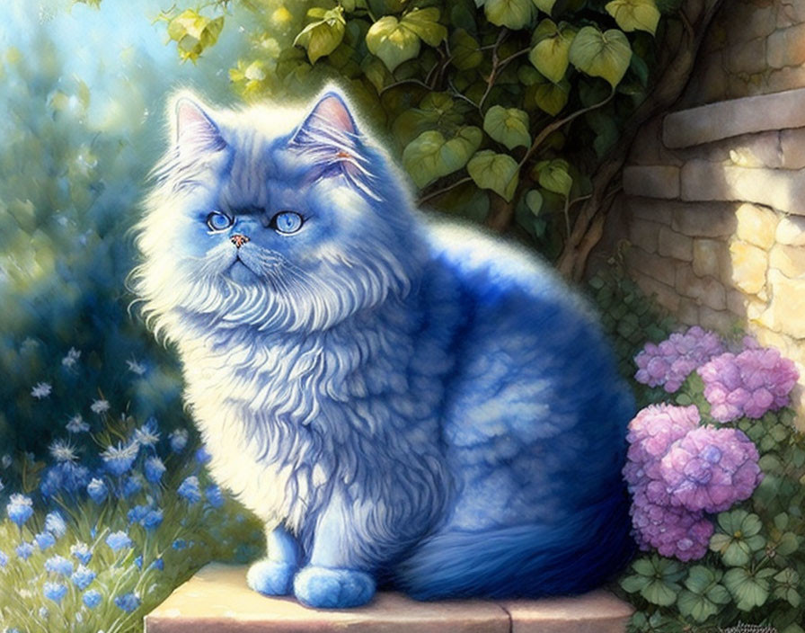 Fluffy Blue Cat with Striking Blue Eyes on Stone Ledge surrounded by Greenery and Purple Flowers