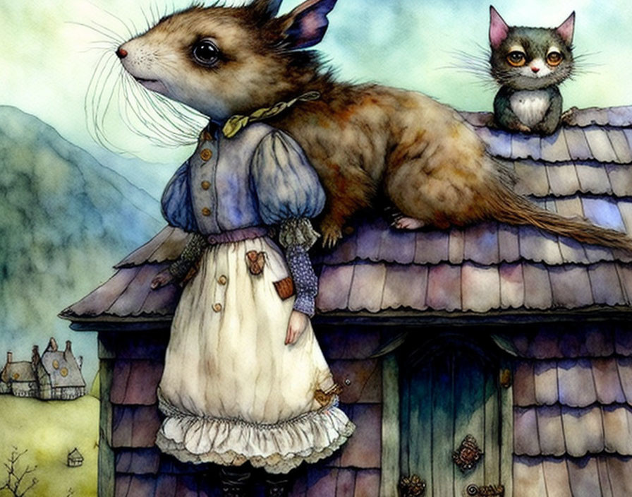 Anthropomorphic animal illustration with mouse in dress and cat on roof