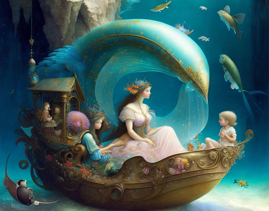 Whimsical undersea carriage with woman and children among marine life