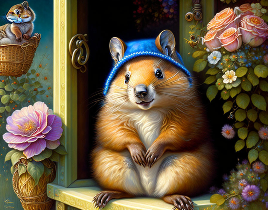 Anthropomorphic squirrel painting with blue hat and lush flower surroundings