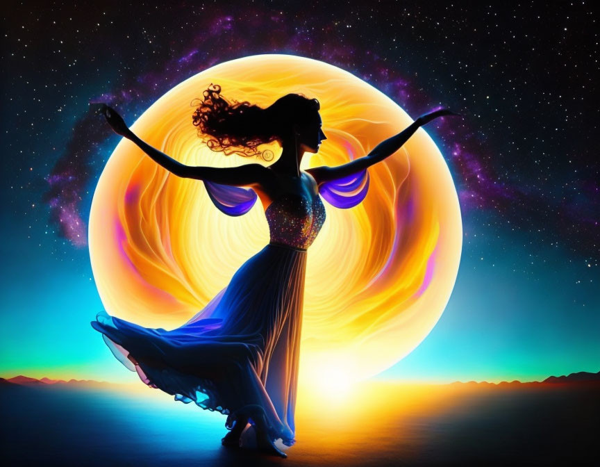 Silhouette of woman dancing in cosmic background with glowing circles