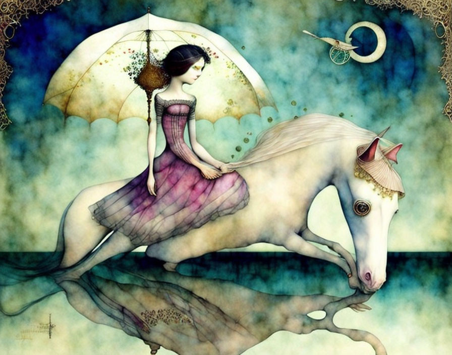 Whimsical illustration of woman on unicorn in violet dress with parasol