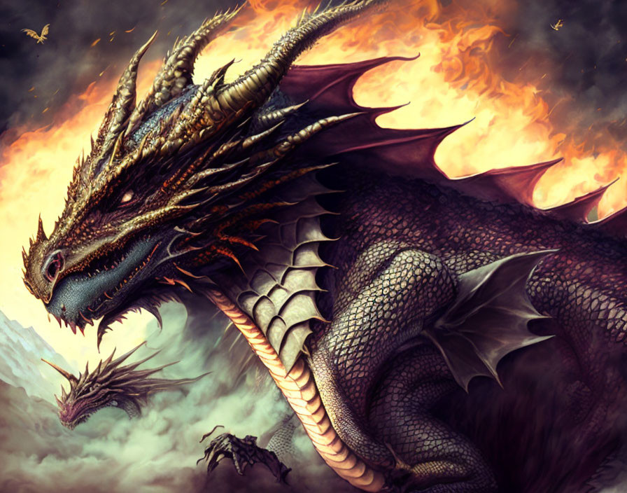 Two dragons in fiery fantasy illustration