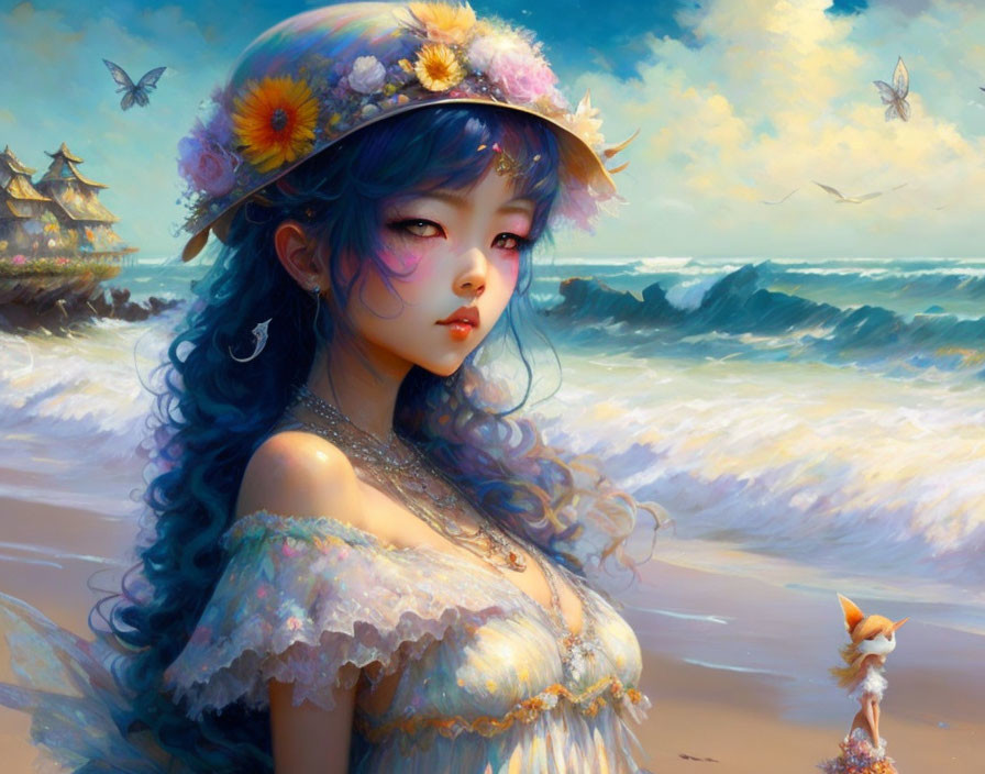 Fantastical young woman with blue hair in floral hat by the sea