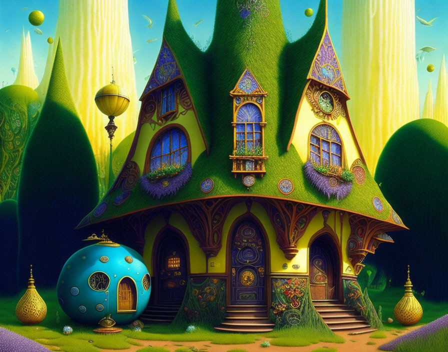 Vibrant whimsical illustration of a fantastical house with green roof and oversized flora