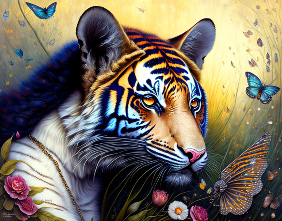 Hybrid Tiger-Fox Artwork with Floral and Butterfly Background