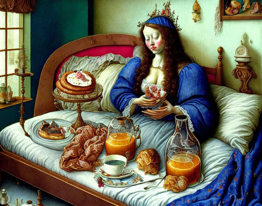 Woman in Blue Dress Relaxing on Bed with Luxurious Breakfast Spread