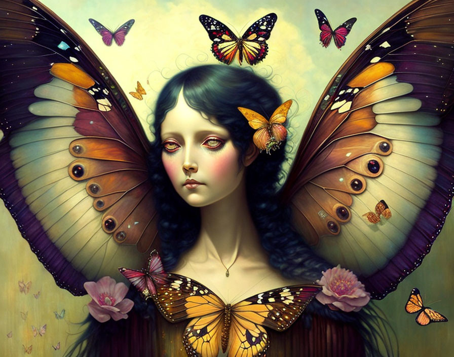 Fantasy artwork of woman with butterfly wings in dreamy setting