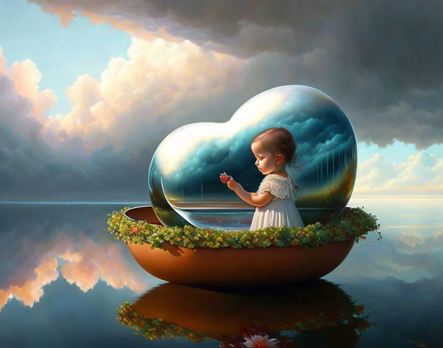 Surreal painting: Young girl in heart-shaped vessel on water