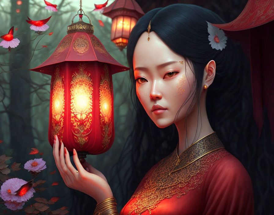 Illustrated woman in traditional attire with lit lantern and butterflies in misty forest