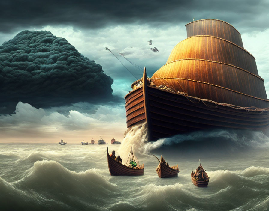 Massive wooden ark navigates stormy seas with smaller boats and a ray of light.