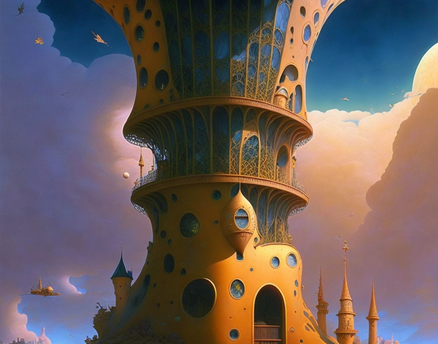 Golden fantasy castle with intricate designs and floating islands in serene sky