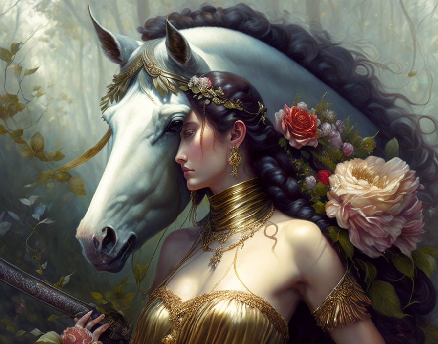 Golden Attired Woman with White Horse in Mystical Setting