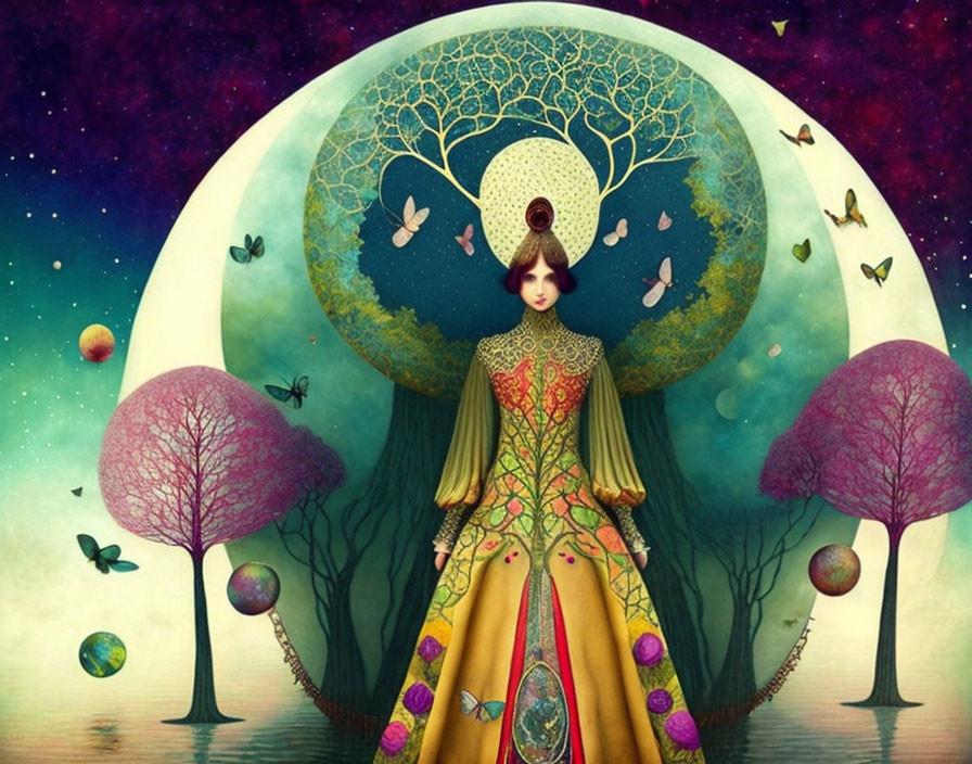 Woman in fantastical landscape with vibrant trees and butterflies