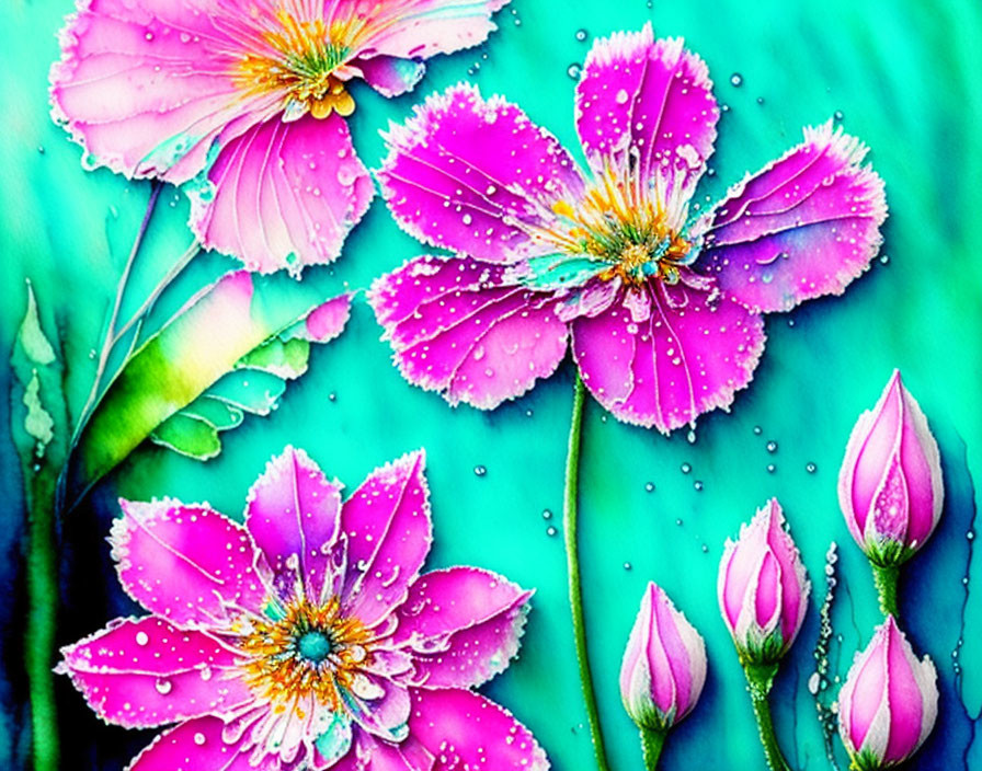 Pink Flowers with Yellow Centers and Water Droplets on Petals Against Turquoise Background