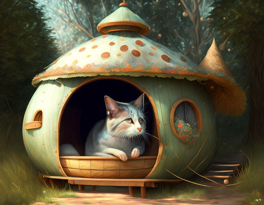 Cat relaxing in mushroom-shaped house in forest setting