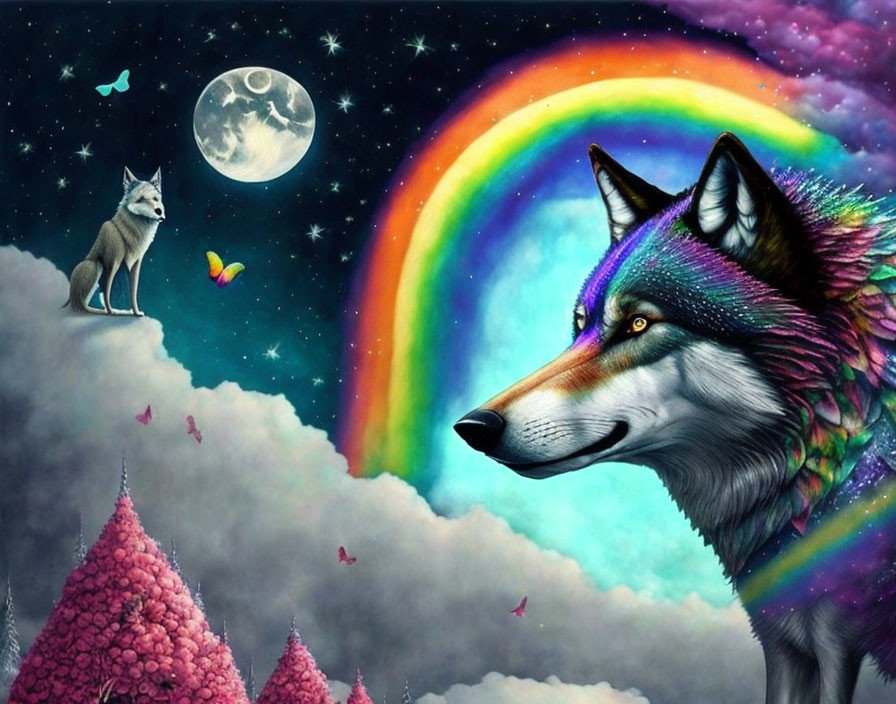 Colorful surreal artwork: Large wolf head, rainbow, moon, butterflies, pink trees on starry