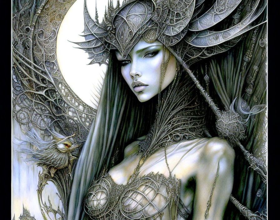 Fantasy illustration of female figure in ornate armor with owl