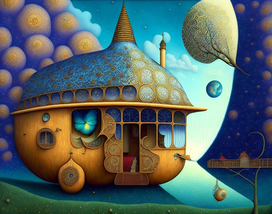 Surreal house illustration: fruit-shaped with ornate windows, blue roof, bridge to floating island