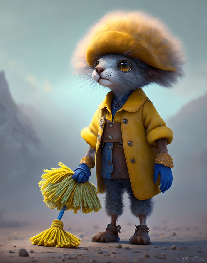 Anthropomorphic mouse in yellow coat with broom in whimsical dusty landscape