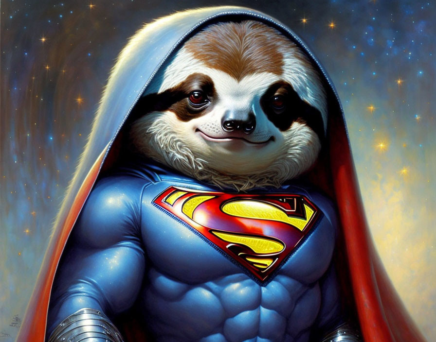 Sloth superhero illustration with red cape and emblem on starry background