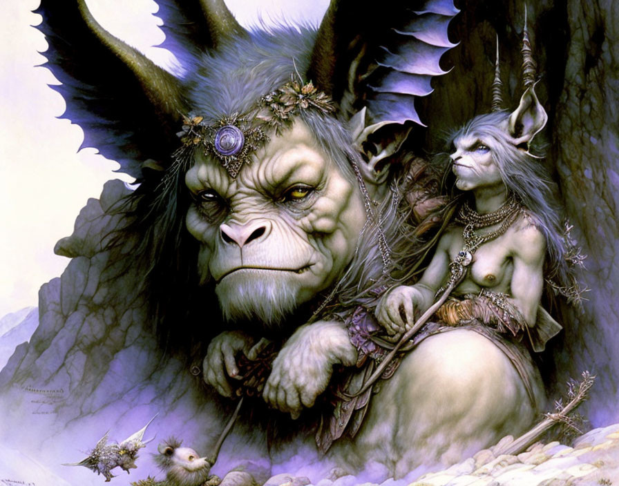 Fantasy Artwork: Large horned ape-like creature with small blue companion in mystical attire