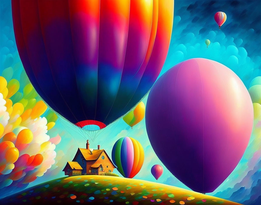 Colorful surreal landscape with floating hot air balloons above rolling hills