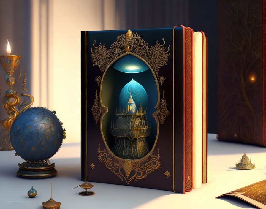 Ornate book cover with glowing blue dome illustration and table objects