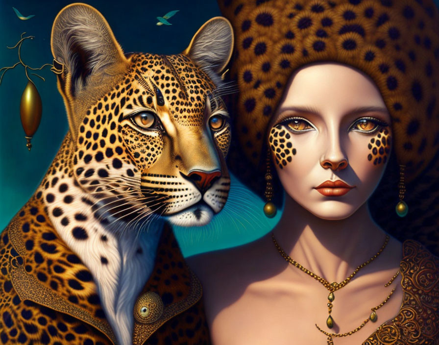 Woman with leopard-like makeup and animal companion in matching aesthetic on dark teal background