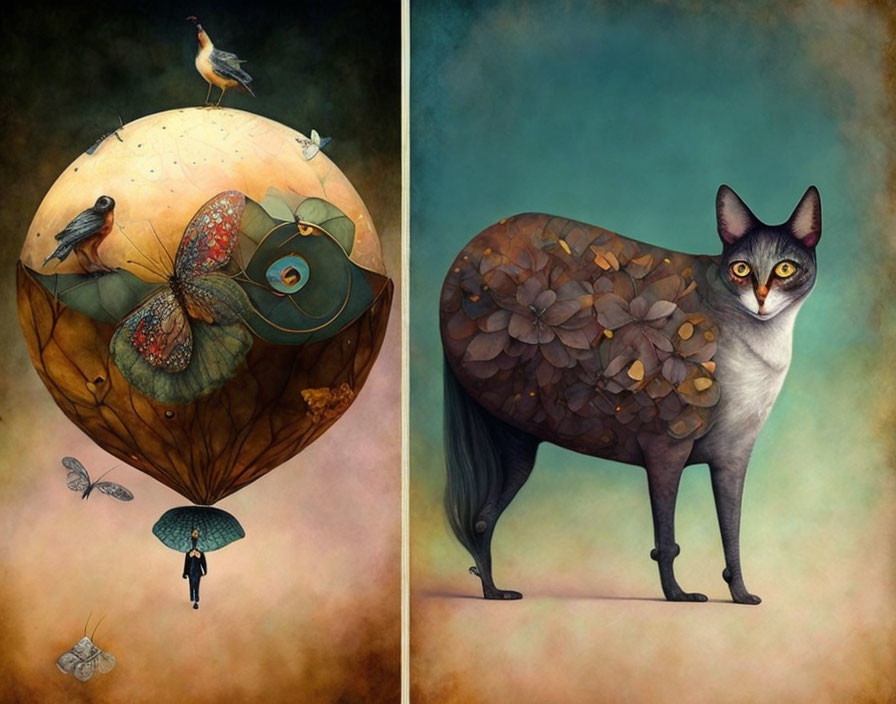 Surreal illustration: person under floating bird-covered sphere, cat with petal-covered body