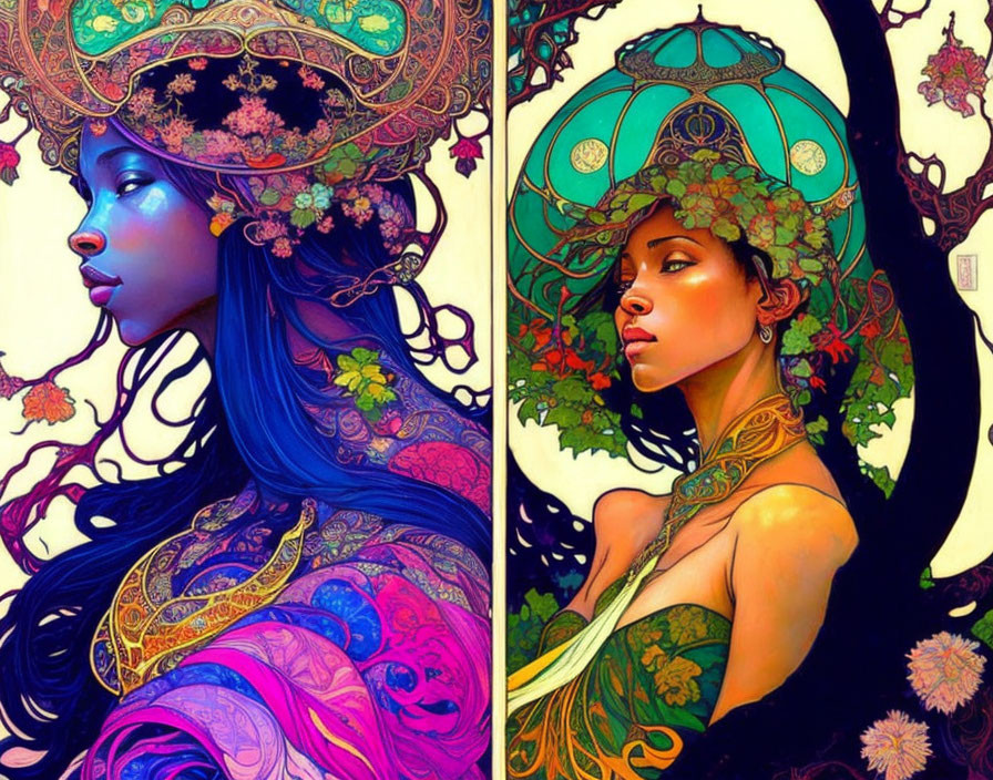 Colorful artwork: Two women with ornate headdresses, tattoos, and floral designs.