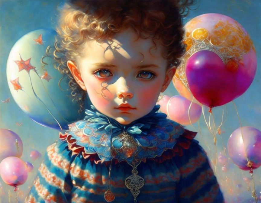 Realistic painting: Child with curly hair and colorful balloons under whimsical light