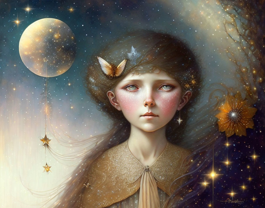 Whimsical painting of girl with star-speckled skin under glowing moon