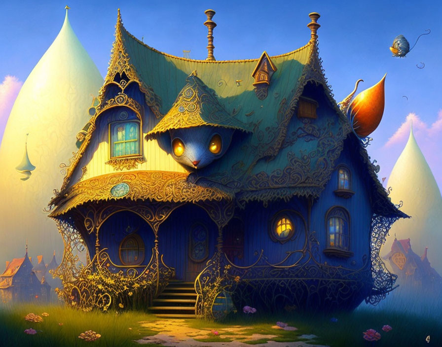 Fantasy House Illustration with Cat-Eye Windows & Enchanting Garden