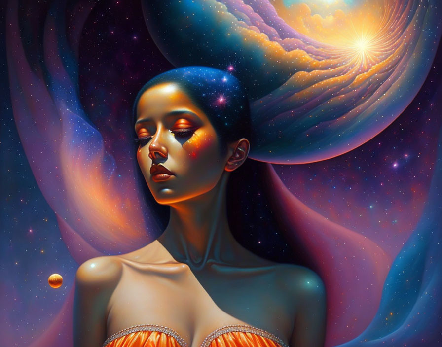 Cosmic-themed surreal portrait of a woman with nebulae hair.