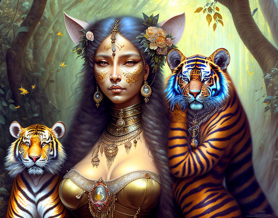 Fantasy Artwork: Woman with Cat-like Features, Blue Hair, Tigers, Enchanted Forest