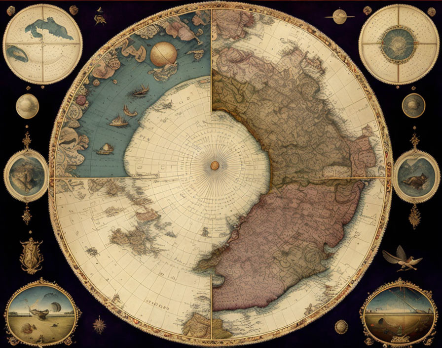 Ancient-style World Map with Hemispheres, Maritime Scenes, and Celestial Bodies