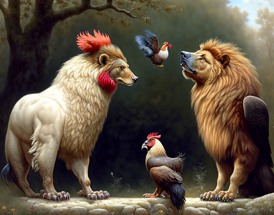 Lions and roosters face off in forest glade