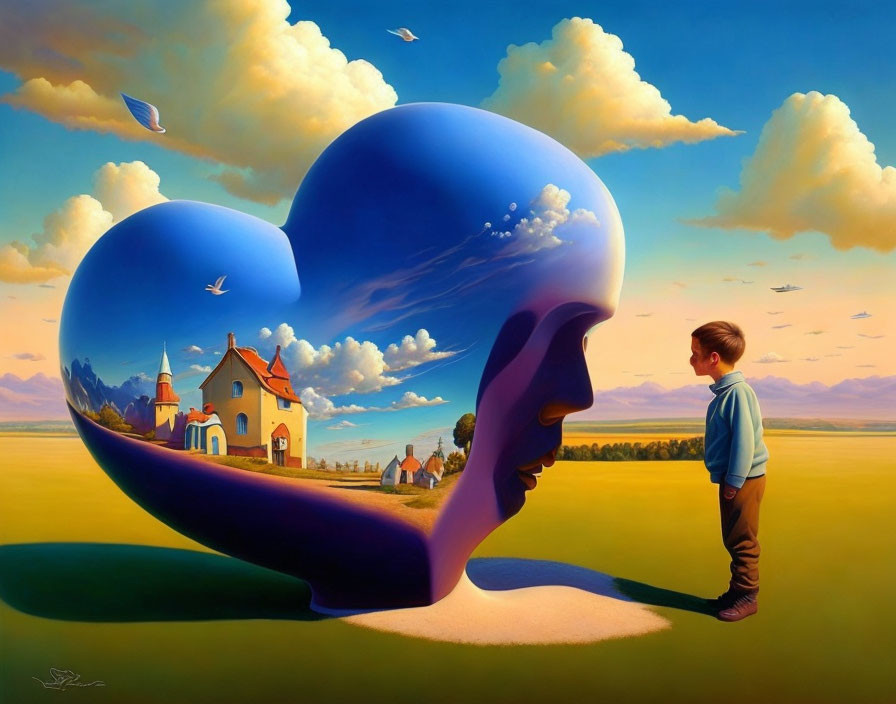 Surreal heart-shaped head with landscape, house, and clouds symbolizing imagination