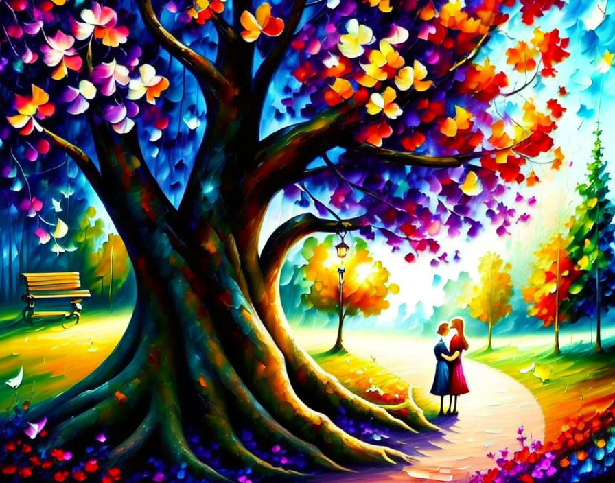 Colorful painting: Couple embracing under tree in whimsical park