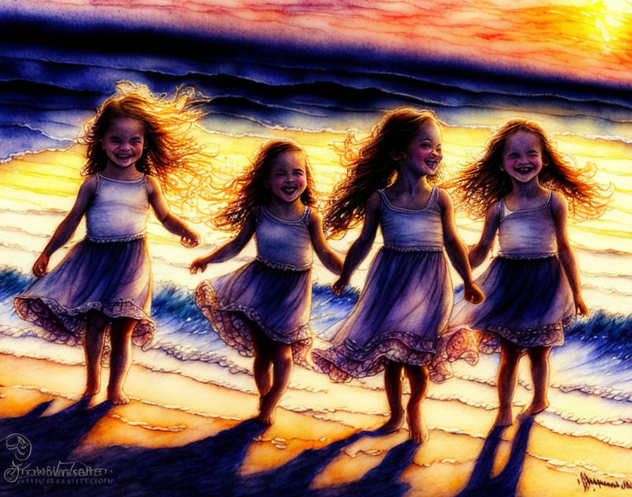 Four girls dancing on beach at sunset with vibrant sky colors and waves